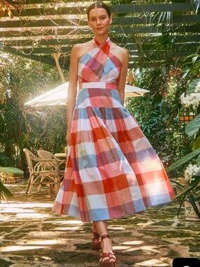 HUNTER BELL Multicolor Gingham Halter Backless Midi Dress